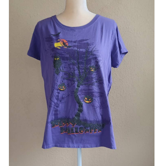 Purple Halloween Glitter Owl Graphic Tee Shirt XL 16-18 - Picture 1 of 8